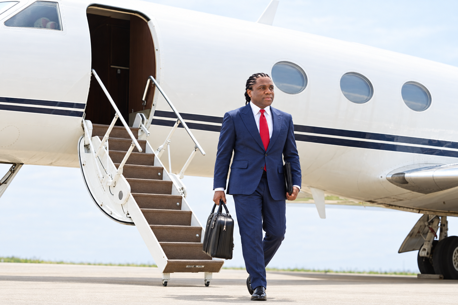 Edited portrait of Colin Kasambira in a navy suit and red tie carrying a briefcase and portfolio beside a private jet
