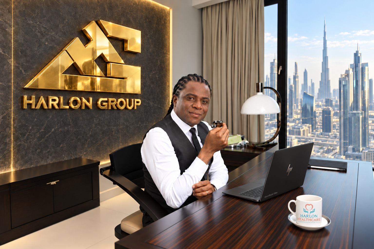 Dubai-inspired edited portrait of Colin Kasambira beside a gold Harlon Group wall sculpture
