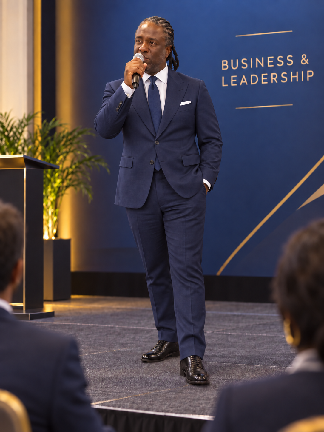 Edited portrait of Colin Kasambira in a navy suit speaking into a microphone